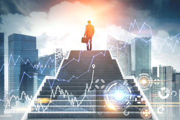 Businessman climbing stairs, HUD. graphs, city