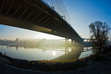 Misty sunrise on a river bank under cable bridge in Belgrade, Serbia