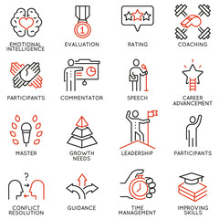 Vector set icons related to career progress, corporate management, business people training and professional consulting service. Mono line pictograms and infographics design elements - part 4