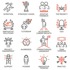Vector set icons related to career progress, corporate management, business people training and professional consulting service. Mono line pictograms and infographics design elements - part 4