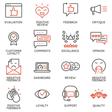 Vector Set Of Linear Icons Related to Feedback, Review and Customer Relationship Management. Mono Line Pictograms and Infographics Design Elements