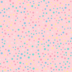 Colorful polka dots seamless pattern on bright 9 background. Overwhelming classic colorful polka dots textile pattern. Seamless scattered confetti fall chaotic decor. Abstract vector illustration.