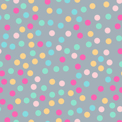 Colorful polka dots seamless pattern on bright 3 background. Unusual classic colorful polka dots textile pattern. Seamless scattered confetti fall chaotic decor. Abstract vector illustration.