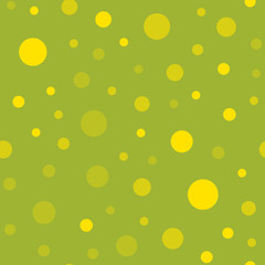 Yellow polka dots seamless pattern on green background. Gorgeous classic yellow polka dots textile pattern in restrained colours. Seamless scattered confetti fall chaotic decor. Vector illustration.