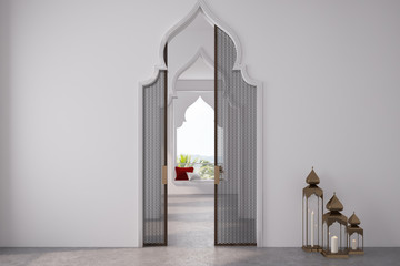Fototapeta premium Empty room, Arabic style doors, candles
