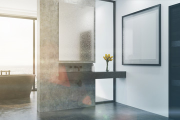 Concrete bathroom, gray tub and sink side toned