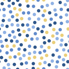 Colorful polka dots seamless pattern on white 24 background. Outstanding classic colorful polka dots textile pattern. Seamless scattered confetti fall chaotic decor. Abstract vector illustration.