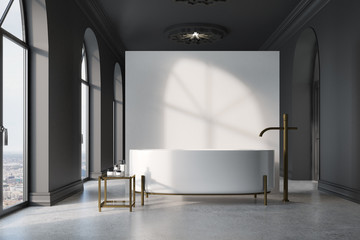 Gray and white bathroom, round tub