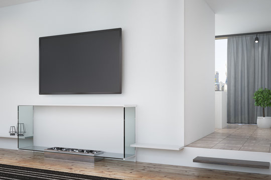 White living room, TV and poster, corner