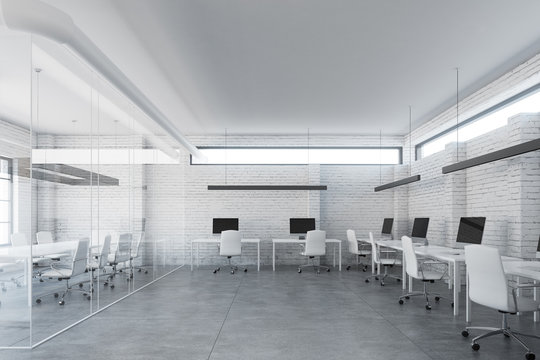 White brick open space office, front
