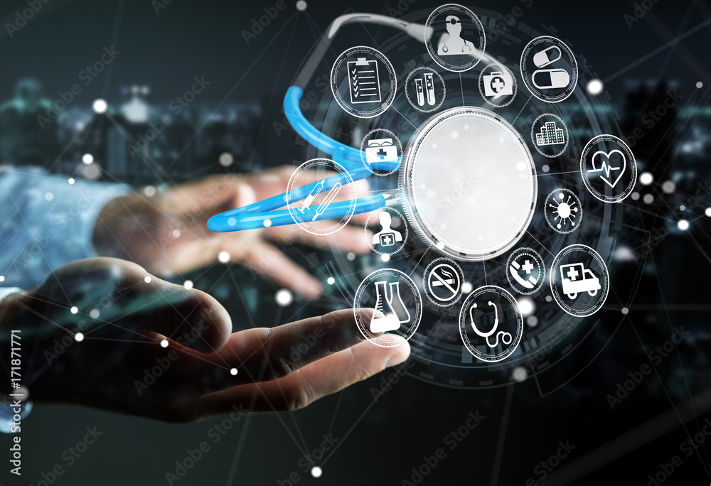 Aufkleber businessman holding and touching floating stethoscope 3d rendering