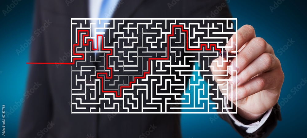 Poster Businessman searching solution of a complicated maze