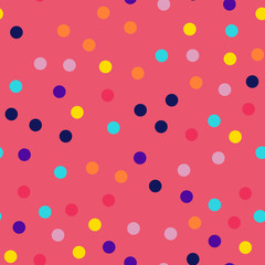 Fototapeta na wymiar Memphis style polka dots seamless pattern on pink background. Rare modern memphis polka dots creative pattern. Bright scattered confetti fall chaotic decor. Vector illustration.