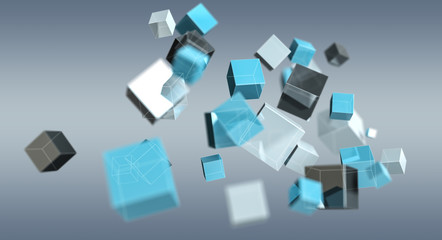 Floating blue shiny cube network 3D rendering