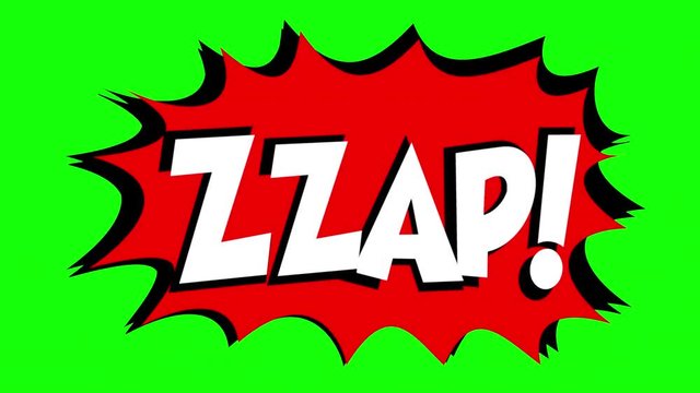 A comic strip speech bubble cartoon animation, with the words Gulp Zzap. White text, red shape, green background.
