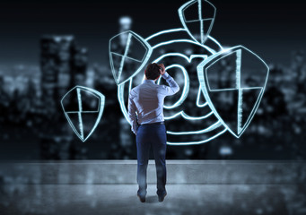 Businessman watching internet security interface sketch on a rooftop 3D rendering