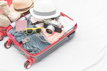 Travel accessories costumes. Passport, luggage, camera.