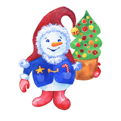 Snowman with a christmas tree. Snowman icon. Snowman silhouette. Christmas decoration - greeting card, invitation. New Year. Watercolor hand drawn painting illustration isolated on white background.