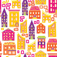 Bright colored seamless pattern with houses, doodle house vector background, cute colorful houses in cartoon style, EPS 8