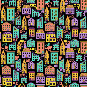 Bright colored seamless house pattern on black background, doodle house vector, cute colorfull houses in cartoon style, EPS 8