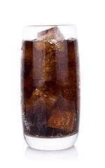 Cola in glass with ice cubes on white background