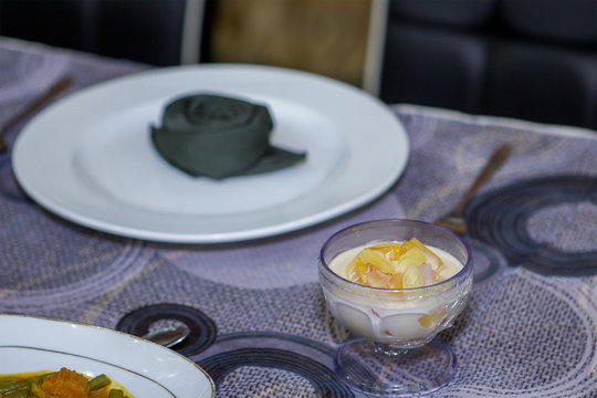 custard and mix fruit pudding ready  for  bride to eat