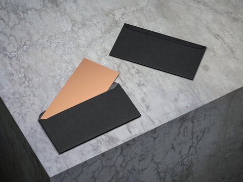 Golden Invitation Mockup In Open Black Envelope On Concrete Floor, 3d Rendering