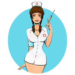 Sexy nurse with a syringe for a shot. Avatar, icon.