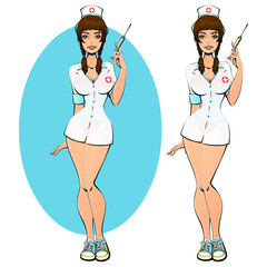 Sexy nurse in a transparent gown with a syringe.