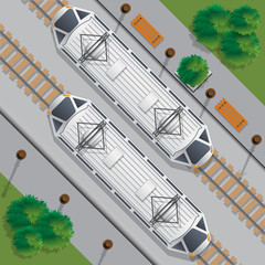 Trams on the road. View from above. Vector illustration.