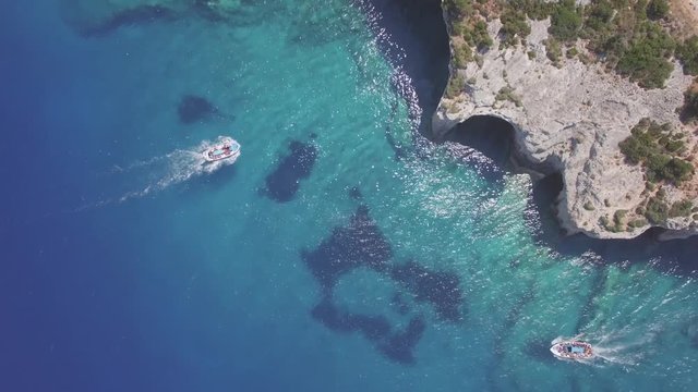 4K (UHD) Aerial view of  Agios Nikolaos blue caves  in Zakynthos (Zante) island, in Greece - Log