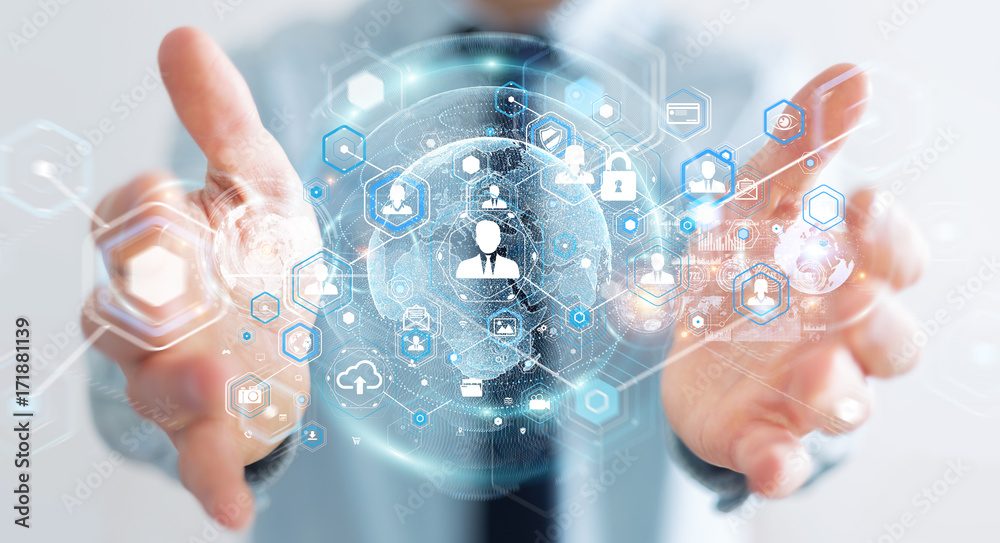 Poster Businessman using social network interface 3D rendering