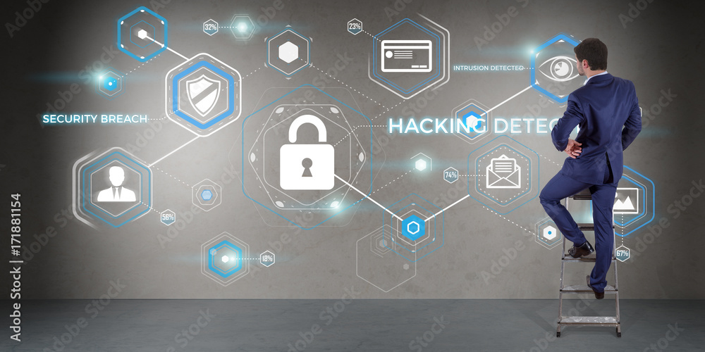 Aufkleber businessman using antivirus interface on a wall 3d rendering