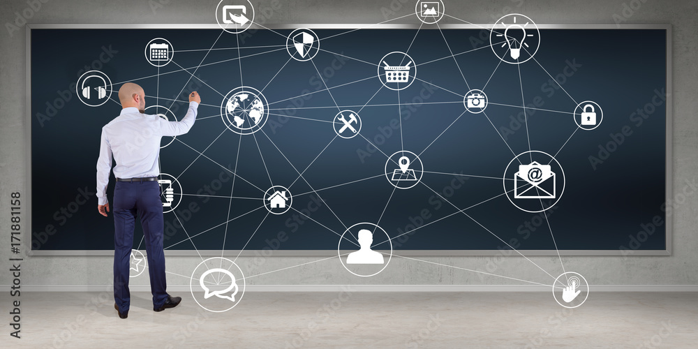 Aufkleber Businessman using social network interface on a board 3D rendering