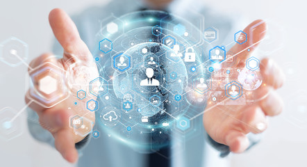 Businessman using social network interface 3D rendering