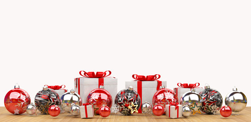 Red and white christmas baubles lined up 3D rendering