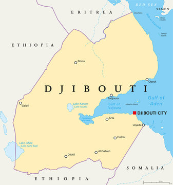 Djibouti political map with capital Djibouti City, borders and important cities. Republic and country in the Horn of Africa with coastline along the Red Sea. Illustration with English labeling. Vector