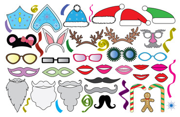 Christmas (New year) party set. Glasses, hats, lips, moustache, beard, antler, kokoshnik, mask, candy,  gingerbread man and all. Vector.