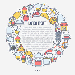 Restaurant concept in circle with thin line icons: chef, kitchenware, food, beverages for menu or print media. Vector illustration for banner, web page with place for text.
