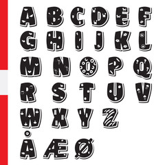 Cute funny childish Danish alphabet. Vector font illustration