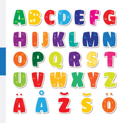 Cute funny childish Finnish alphabet. Vector font illustration