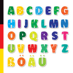 Cute funny childish German,  alphabet. Vector font illustration