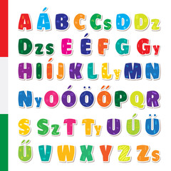 Cute funny childish Hungarian alphabet. Vector font illustration