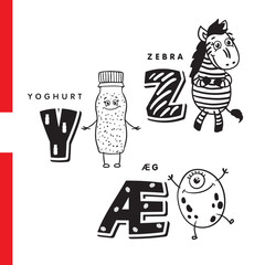 Danish alphabet. Yogurt, zebra, egg. Vector letters and characters