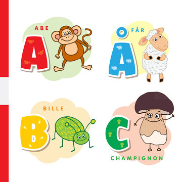 Danish alphabet. Monkey, sheep, beetle, mushroom. Vector letters and characters.