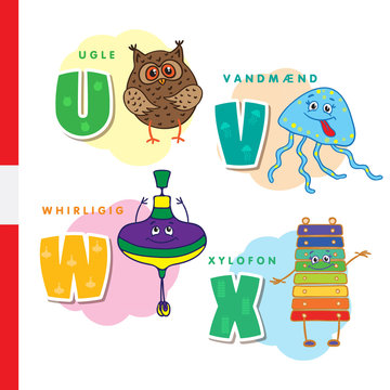 Danish alphabet. Owl, jellyfish, pinwheel, xylophone. Vector letters and characters.