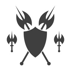 Abstract shield and axe silhouette.