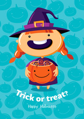 Halloween vector poster trick or treat with witch on seamless background