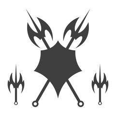 Abstract shield and axe silhouette.