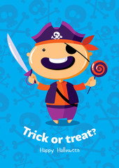 Halloween vector poster trick or treat with pirate on seamless background